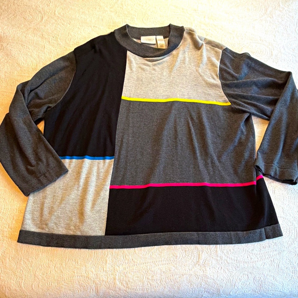 ELISABETH by Liz Claiborne Womens 2XL Colorblock Crew Neck Knit Sweater Gray